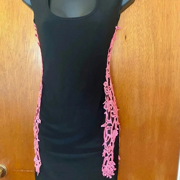 Symphony Black Dress Pink Open Cutout Stitch Sides Bodycon Mini Dress Size Small - Picture 10 of 15